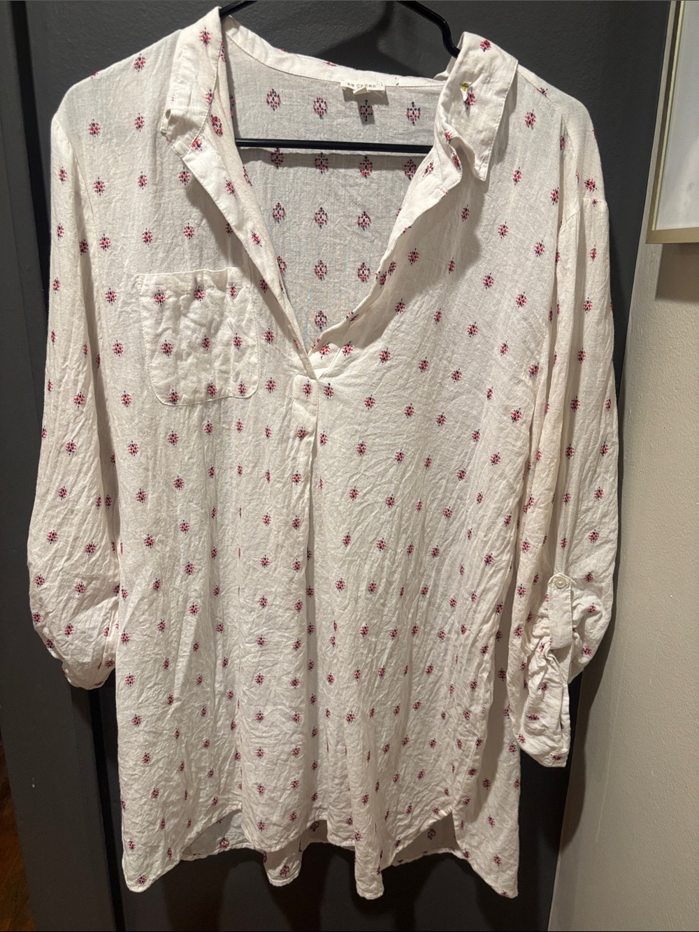 En Creme Cream Tunic Top with Pink Floral Dots